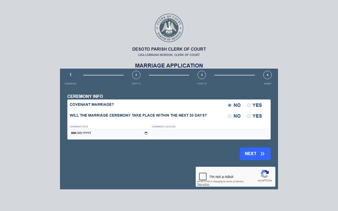 DeSoto Parish marriage and divorce records ClerkNet marriage application module